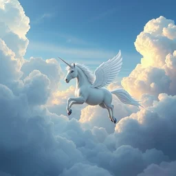 unicorn flying in the sky, dramatic clouds, fantasy world, disney, realistic, highly detailed, high render