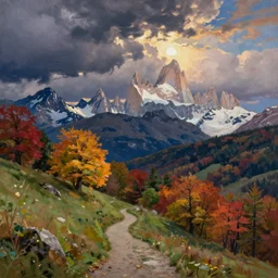 painting by sargent and rhads and leyendecker and greg hildebrandt evening sky, low thunder clouds foothpath at indian summer with zugspitze fitz roy in background