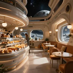 an intergalactic café in outer space that serves coffee and pastries to customers. The warm and inviting smell of pumpkin bread fills the space. There is a nice ambiance and inviting setting to the room.