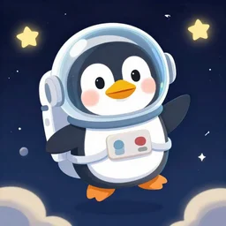 cute astronaut penguin with helmet on, floating on space, modern pixar style
