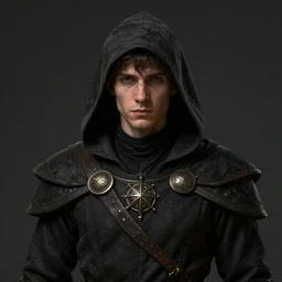 portrait, young man. dark medieval clothes, Hood. high detail, digital art, fantasy, RPG, concept art, illustration