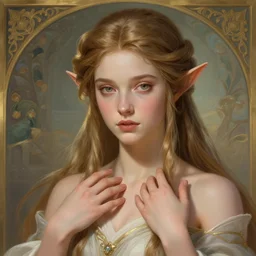 beautiful elven princess, accurate anatomy, only two hands, highly detailed, digital painting, artstation, concept art, smooth, sharp focus, illustration, Unreal Engine 5, 8K, art by sakimichan and greg rutkowski and alphonse Mucha