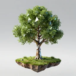 polygonal tree standing on a piece of land floating in a void, shiny 4k detailed artstation weirdcore