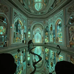 a beautiful sci fi landscape in a mirror, by wangechi mutu, natural lighting, glow - in - the - dark, glassy, ray tracing reflections, screen space reflections, insanely detailed and intricate, hypermaximalist, elegant, ornate, hyper realistic, super detailed