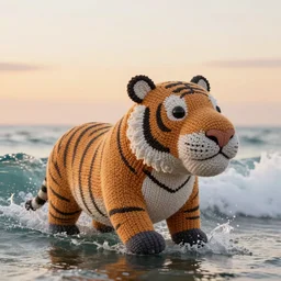 a closeup photorealistic photograph of a large knitted tiger hippopotamus riding a large wave during sunset. surf in the background. professional capture. brightly lit scene. this 4 k hd image is trending on artstation, featured on behance, well - rendered, extra crisp, features intricate detail, epic composition and the style of unreal engine.