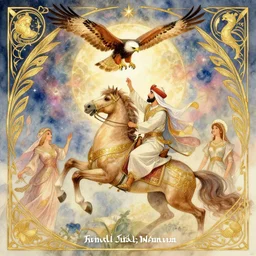 khalid ibn al walid fighting on a horse, there is a hawk in the sky surrounded by nebula, highly detailed, gold filigree, romantic storybook fantasy, soft cinematic lighting, award, disney concept art watercolor illustration by mandy jurgens and alphonse mucha and alena aenami, pastel color palette, featured on artstation