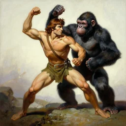 a painting of tarzan fighting with an ape, by frank frazetta