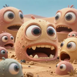 of a desert with large cute strange friendly creatures with huge eyes, mouth and teeth appearing from the ground, in the style of Giger, macro lens, shallow depth of field, highly detailed, digital painting, trending artstation, concept art, illustration, cinematic lighting, vibrant colors, photorealism, epic, octane render