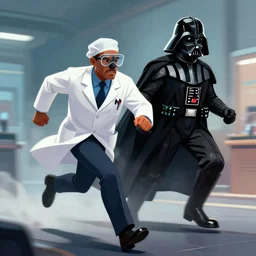 A doctor running from Darth Vader , digital art, trending on artstation, HDR
