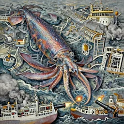 Giant squid drags a ship into the ocean. A second ship targets the squid with cannon fire. painting by Louis Philippe Crepin. smoke and flashes from cannon fire. 8k octane beautifully detailed render, post-processing, extremely hyper-detailed, intricate, epic composition, highly detailed attributes, highly detailed atmosphere, cinematic lighting, masterpiece.