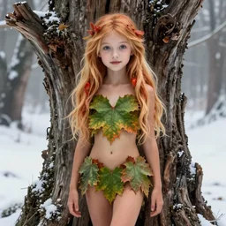 artistic portrait of an innocent dryad, wearing maple leaf body suit, perfect fit body, long strawberry blonde hair, beautiful eyes and lips, dead tree stump, winter setting, art by artgerm and wlop and brom, highly detailed, 8 k, cinematic, mist, digital painting, sharp focus, illustration, masterpiece
