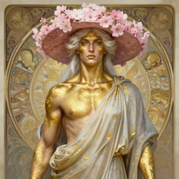 portrait of a female wearing a sakura hat by greg rutkowski craig mullins artgerm alphonse mucha, messy gold body paint, white hair handsome muscular upper body mature flowing robe [ ancient greek motifs ] background fantasy intricate elegant detailed digital painting concept art artstation sharp focus illustration