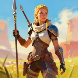 action portrait of mary elizabeth winstead as aloy from horizon zero dawn, holding a spear, digital art, bright colors, visible paint, by loish