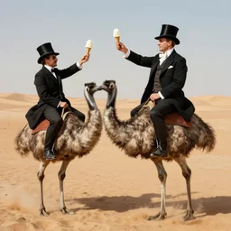 portrait of a respectable dignified royal business elite politicians in top hats and coat tails riding on emus in the sahara desert throwing vanilla icecream cones at each other, art by anders zorn, wonderful masterpiece by greg rutkowski, beautiful cinematic light, american romanticism by greg manchess, jessica rossier