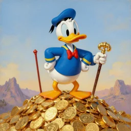 Scrooge McDuck from the Duck Tales in blue costume standing on a mountain of golden gold and holding a cane, view from below, full body portrait including head, oil painting, highly detailed