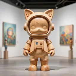 8 k octan, advertising, highly detailed, photo, a totally wooden figurine collectible art toys wooden on feet, very cute astronaut zen with and flowers cat ears, cyberpunk a contemporary art gallery, symetrical, masterpiece, nofinito, design