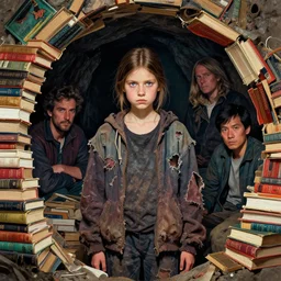 homeless girl portrait, cave made of books, neat hair, torn clothing, richard avedon, martin schoeller, victor ngai, id magazine, epic scene, david cronenberg, kilian eng vibrant colours, dynamic lighting, intricate illustration, detailed, beksinski, dan mumford, artstation, greg rutkowski, sharp focus, photoreal, 8 k