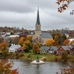 midwest town, river, church, small houses, square, statue, trees, autumn, leafs, grey sky, rain, hyperdetailed, artstation, cgsociety, 8 k