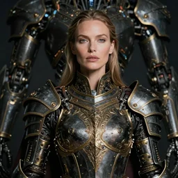 portrait of christine turlington as warrior of dark futuristic robotic world, by jan van eyck, hajime sorayama, mysticism, intricate, highly ornate dark gold trim armoury