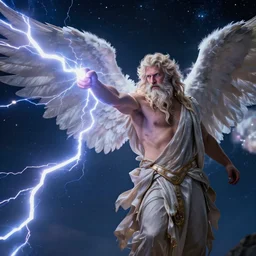 Celestial Angel shooting a Lightning Bolt at Zeus, cinematic