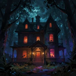 a haunted house in a scary night in forest, trending on artstation, wide view, cinematic view, cinematic, 8 k, digital photo, unreal engine, colored paint, colorful paint, scary style