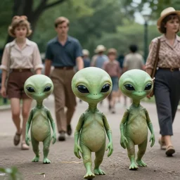 sharp, highly detailed, film from a 2 0 1 9 sci fi 8 k movie, set in alternate 1 9 5 0 where cute humanoid aliens live along side humans, a family walking through a busy park, wearing 1 9 5 0 s clothes, atmospheric lighting, in focus, reflective eyes, 3 5 mm macro lens, live action, nice composition