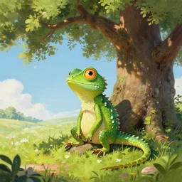A cute lizardfolk is enjoying the sweet summer air under the shade of a great oak tree in summer. trending on Pixiv. trending on ArtStation. A vibrant digital oil painting. A highly detailed fantasy character illustration by Wayne Reynolds and Charles Monet and Gustave Dore and Carl Critchlow and Bram Sels