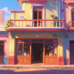 beautiful painting of a colorful cuban storefront, front view, animation, digital art, trending in artstation, sunrise cinematic lighting, art style by disney and pixar