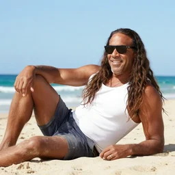 Steve Harvey with long hair long hair long hair and sunglasses chilling on the beach
