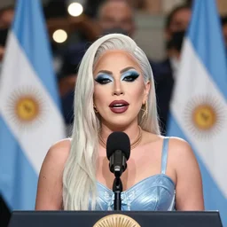 Lady Gaga as president, Argentina presidential rally, Argentine flags behind, bokeh, giving a speech, detailed face, Argentina
