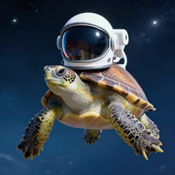 turtle in space with helmet, space helmet on the turtle's head, turtle in space with space suit, very realistic photo, highly detailed, very aesthetic, trending on unsplash
