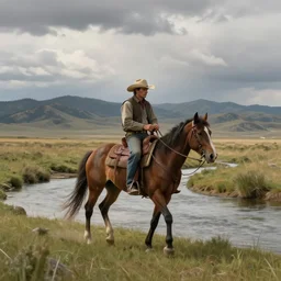 a lonesome cowboy on his horse is crossing american plains with a small riverbed, mountaineous background, cloudy day, highly detailed, digital art, by greg rutkowski, by albert bierstadt