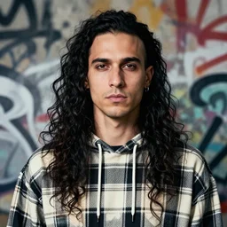 highly detailed portrait of a man with long hair, shaved, tartan hoody, graffiti background, ringlet hair by atey ghailan, by greg rutkowski, by greg tocchini, by james gilleard, by joe fenton, by kaethe butcher, black, cream and white color scheme, hd, 4 k, trending in pinterest, award winning details