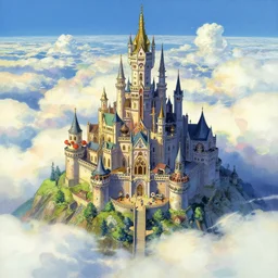 retro - futurism anime castle on a mountain in clouds with lots of details look from above rule of thirds golden ratio, fake detail, trending pixiv fanbox, acrylic palette knife, style of makoto shinkai studio ghibli genshin impact james gilleard greg rutkowski chiho aoshima