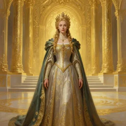 painting of eowyn in front of a golden palace, decorated, intricate, elegant, highly detailed, digital painting, artstation, concept art, smooth, sharp focus, illustration, art by artgerm and greg rutkowski and alphonse mucha, 8 k