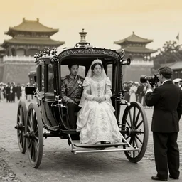 An extreme long shot wide shot, colored black and white Russian and Japanese mix historical fantasy a photograph portrait taken at the empress and emperor's royal wedding inside the imperial carriage going back to the palace, they had a private moment together, golden hour, warm lighting, 1907 photo from the official wedding photographer for the royal wedding. Cinematic, atmospheric lighting, extreme detail, 8K, movie still.