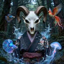 3 d liminal space abandoned temple forest frontal portrait with ram skull. beautiful intricately detailed japanese crow kitsune mask and clasical japanese kimono. betta fish, jellyfish phoenix, bio luminescent, plasma, ice, water, wind, creature, artwork by tooth wu and wlop and beeple and greg rutkowski