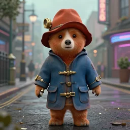 paddington bear, cyberpunk, dieselpunk, steampunk, gothcore, synthwave