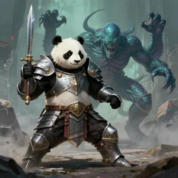 a panda in templar knight armor fighting cthulhu