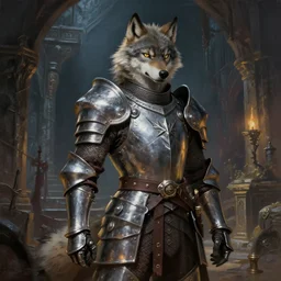 a wolf fursona anthro thief with medieval guard shiny metal armor is exploring the grimdark dungeon depths posing for the camera. top trending on artstation pixiv furaffinity. a vibrant digital oil painting. a highly detailed fantasy character illustration by wayne reynolds and charles monet and gustave dore and carl critchlow and bram sels