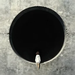 ghibli miyazaki movie poster, ultra wide, brutalist, white hoodie girl outside a large hole in the side of a concrete wall, huge black circle, huge black round hole, black depths