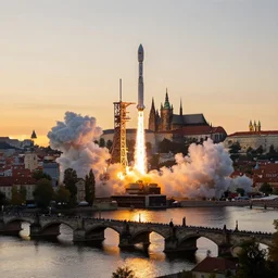 a falcon 9 rocket launching from a river platform on Vltava river at sunset , background is the skyline of Prague castle, Charles bridge in the foreground, artistic photo