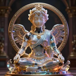 vibrant ultra clear sculpture of beautiful cute cyborg roman god meditation position by sandra chevrier ron english cybernetics, low contrast, cinematic dramatic lighting, hyper realistic detailed render, hypermaximalist, ornate, epic composition, 4 k 8 k, cryengine octane blender, sharp focus, concept art, masterpiece of art