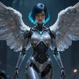 2D movie still, a beautiful cinematic female cyborg angel , fantasy magic, short aqua blue black fade hair, dark light night, highly detailed, advanced digital anime art, concept art, matte, art by WLOP and Artgerm and Greg Rutkowski and Alphonse Mucha, masterpiece