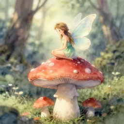 fairy on a toadstool in the woods. watercolor by award - winning mangaka, backlighting, intricate details, muted pastel palette, depth of field, painting, macro photography.
