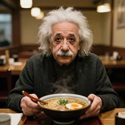 a portrait of albert einstein sitting at the dining table with a plate containing tonkotsu ramen in front of him, highly detailed, trending on artstation, bokeh, 9 0 mm, f / 1. 4