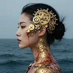 portrait of chinese woman :: side profile :: in ocean :: clockwork details :: gold :: blood and horror ::  by vikings and Sandra Chevrier