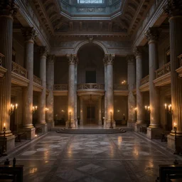 a vast neoclassical center, mysterious, candlelit, octane 2. 0 render, photo, hyperrealist, unreal engine, cryo engine, symmetrical
