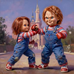 the doll chucky in the punching the doll annabelle, epic mma fight, dramatic poses, cinematic, disneyland as backdrop, oil painting, by greg rutkowski
