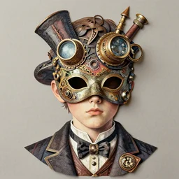 steampunk boy, super detailed intricate mask, collage in the style of hannah hoch, printed paper cutouts